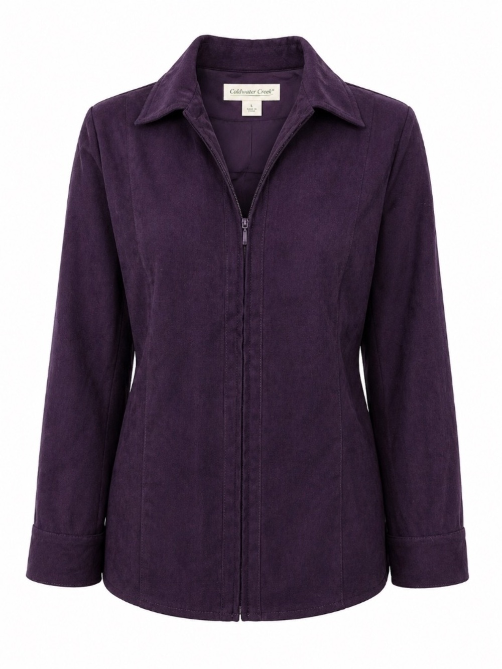 Coldwater Creek Purple Faux Suede Zip Blouse Soft Stretch Women's Size Large